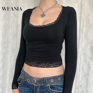 Weania ใหม่ เสื้อยืดลําลอง เซ็กซี่ แขนยาว คอยู ปักลายลูกไม้ สําหรับสตรี