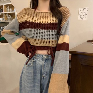 Milyfashion ฤดูใบไม้ร่วง สไตล์ใหม่ ชุดสองชิ้น เวอร์ชั่นเกาหลี กลวง แขนยาว เสื้อถัก เชือกแขวนคอ ยกทรง ผู้หญิง ออกแบบเฉพาะสูท