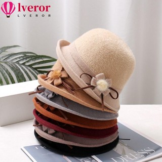 Lveror หมวกบักเก็ตลําลอง ผ้าขนสัตว์ ลายดอกไม้ สามารถปรับได้ แฟชั่นฤดูใบไม้ร่วง และฤดูหนาว สไตล์เรโทร