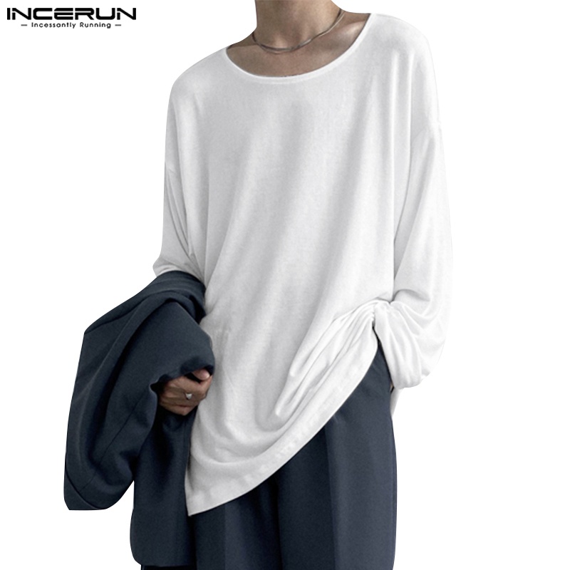 Incerun เสื้อยืดคอกลม แขนยาว ทรงหลวม สไตล์เกาหลี สําหรับผู้ชาย