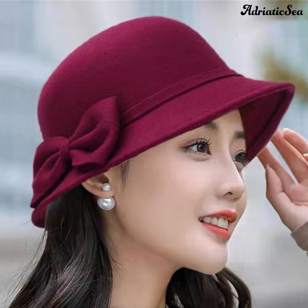 [COD]✪หมวกปีกกว้าง ผ้าวูล ประดับโบว์ สีพื้น ให้ความอบอุ่น เหมาะกับฤดูใบไม้ร่วง และฤดูหนาว สําหรับผู้หญิง