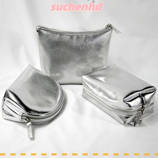 Suchenhd กระเป๋าเครื่องสําอาง หนังนิ่ม กันน้ํา จุของได้เยอะ สีเงิน สําหรับเดินทาง