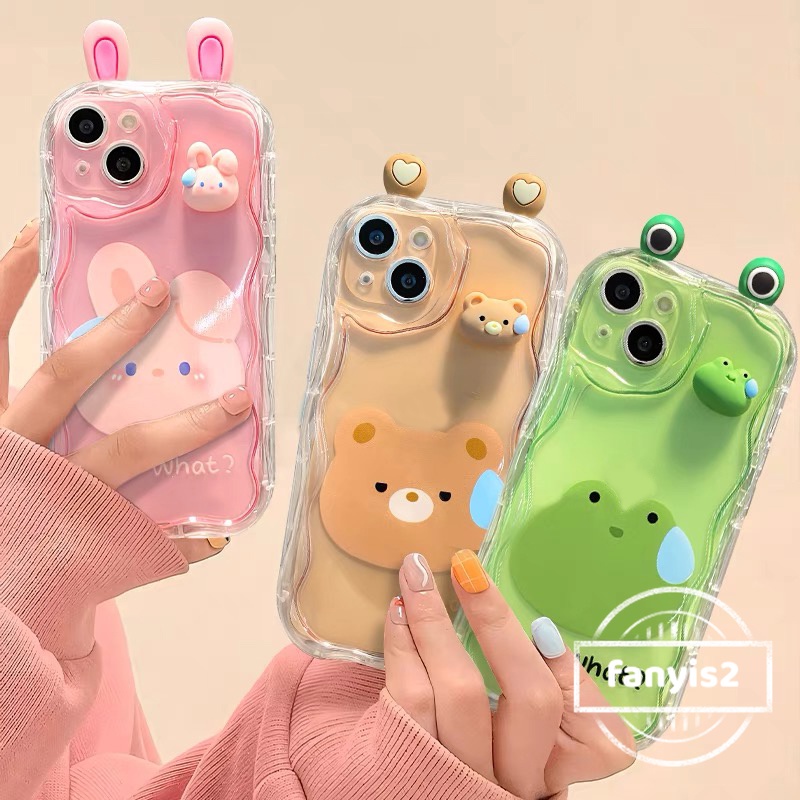 เคสป้องกันโทรศัพท์มือถือ ลายตุ๊กตากบ กระต่าย หมี 3D สําหรับ iPhone 15 11 14 Pro 13 12 Pro Max 14 Plus X XR Xs Max 8 7 6 6s Plus SE 2020