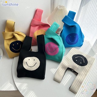 Ssunshine กระเป๋าถือ กระเป๋าช้อปปิ้ง ผ้าถัก แฮนด์เมด ลายหน้ายิ้ม ใช้ซ้ําได้ สําหรับผู้หญิง