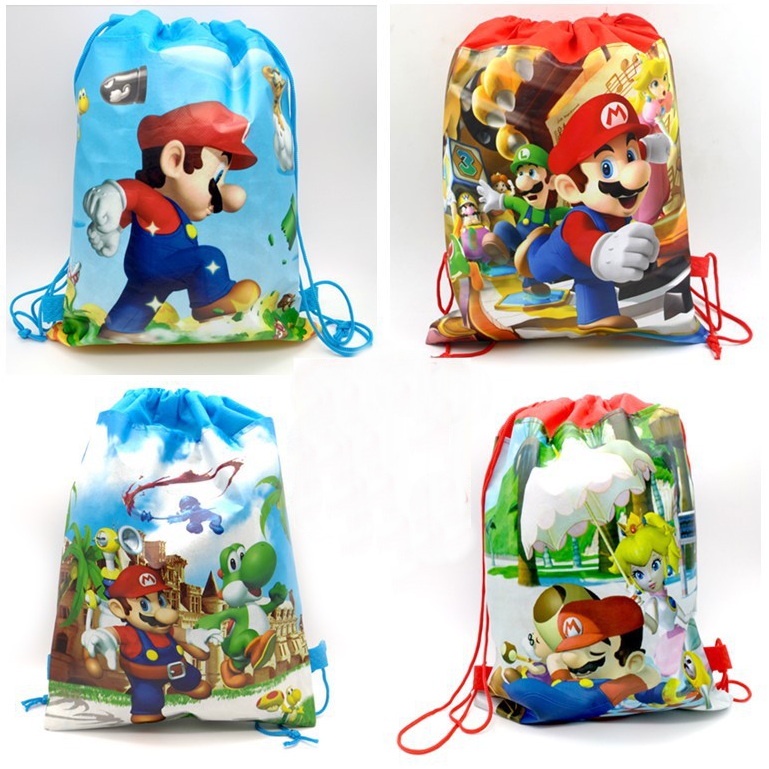 Super Mario Theme การ์ตูนสองด้านไม่ทอ Bundle กระเป๋า Drawstring กระเป๋ากระเป๋าเป้สะพายหลังเด็กวันเกิดคริสต์มาสของขวัญ
