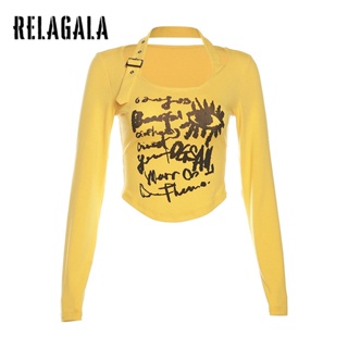 Relagala เสื้อยืดแขนยาว คอกลม พิมพ์ลาย สีพื้น แฟชั่นสําหรับผู้หญิง 2023