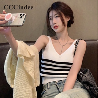 Cccindee ใหม่ เสื้อสายเดี่ยว คอวี ผ้าถัก ลายทาง สีตัดกัน เข้ากับทุกการแต่งกาย แฟชั่นสําหรับสตรี 2023