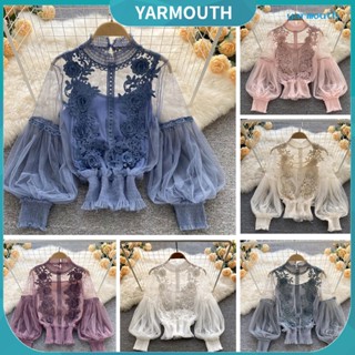 Yyr--เสื้อเชิ้ตซีทรู คอกลม แขนทรงโคมไฟ ผ้าตาข่าย ลูกไม้ แบบบาง ยืดหยุ่น ลายดอกไม้ แฟชั่นฤดูใบไม้ผลิ ฤดูใบไม้ร่วง สําหรับผู้หญิง