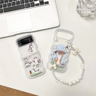 เคสโทรศัพท์มือถือ TPU แบบใส ลายแมวน่ารัก มีสายคล้อง สําหรับ Samsung Galaxy Z Flip 5 4 3 5G