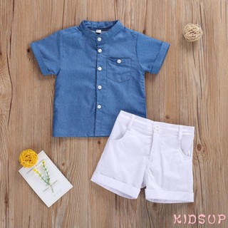 Kidsup1- ชุดเสื้อเชิ้ตยีนแขนสั้น และกางเกงขาสั้น สีพื้น แฟชั่นฤดูร้อน สําหรับเด็กผู้ชาย 2 ชิ้น