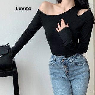 Lovito เสื้อยืดลําลอง เปิดไหล่ข้างเดียว แบบเรียบ สําหรับผู้หญิง LNA21180 (สีขาว/ดํา)