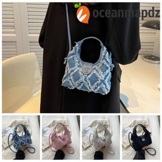 Oceanmapdz กระเป๋าถือ กระเป๋าสะพายไหล่ ผ้าแคนวาส ทรงโท้ท ขอบดิบ เรียบง่าย สําหรับสตรี