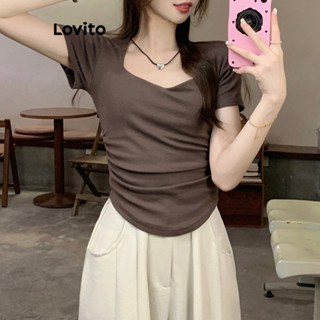 Lovito เสื้อยืดลําลอง แขนสั้น สีพื้น สําหรับผู้หญิง LNA21248 (กาแฟ)