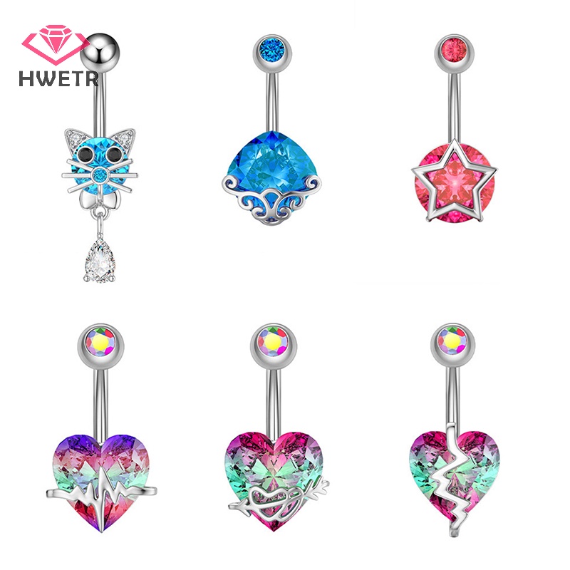 Hwetr ใหม่ จิวสะดือหน้าท้อง เหล็ก คริสตัล เพทาย หัวใจ เซ็กซี่