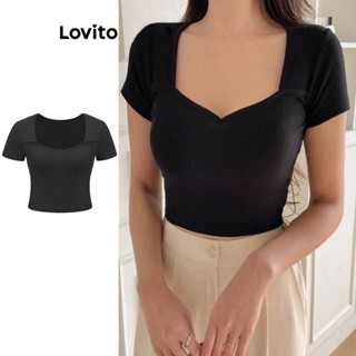 Lovito เสื้อยืดลําลอง คอสี่เหลี่ยม สําหรับผู้หญิง L62ED036 (แอปริคอท/ดํา)