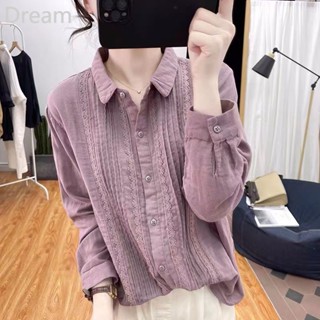 Ingot collar lace stitching cotton long sleeve white shirt Womens loose retro top pleated base shirt