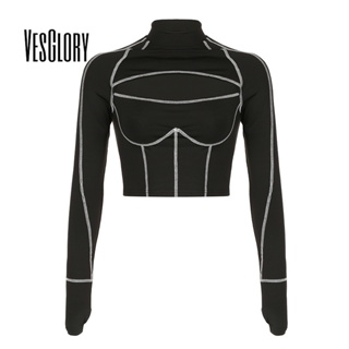 Vesglory เสื้อครอปท็อปแขนยาว คอสูง เข้ารูป สีพื้น แฟชั่นสําหรับผู้หญิง 2023