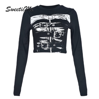 Sweeticme ใหม่ เสื้อยืดลําลอง แขนยาว คอกลม เข้ารูป พิมพ์ลาย เซ็กซี่ แฟชั่นสําหรับสตรี 2023