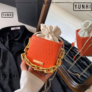 Yunhi กระเป๋าถือ กระเป๋าสะพายไหล่ หนัง Pu ทรงบักเก็ต ความจุสูง สีพื้น สําหรับสตรี