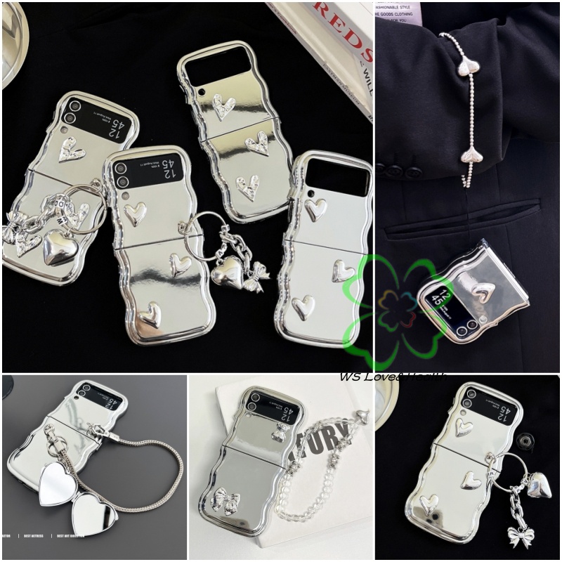 เคสโทรศัพท์มือถือแบบนิ่ม TPU กันกระแทก ลายหัวใจ 3D พร้อมสายคล้องข้อมือ สีเงิน สําหรับ Samsung Galaxy Z Flip 5 Z Flip 4 Z Flip 3