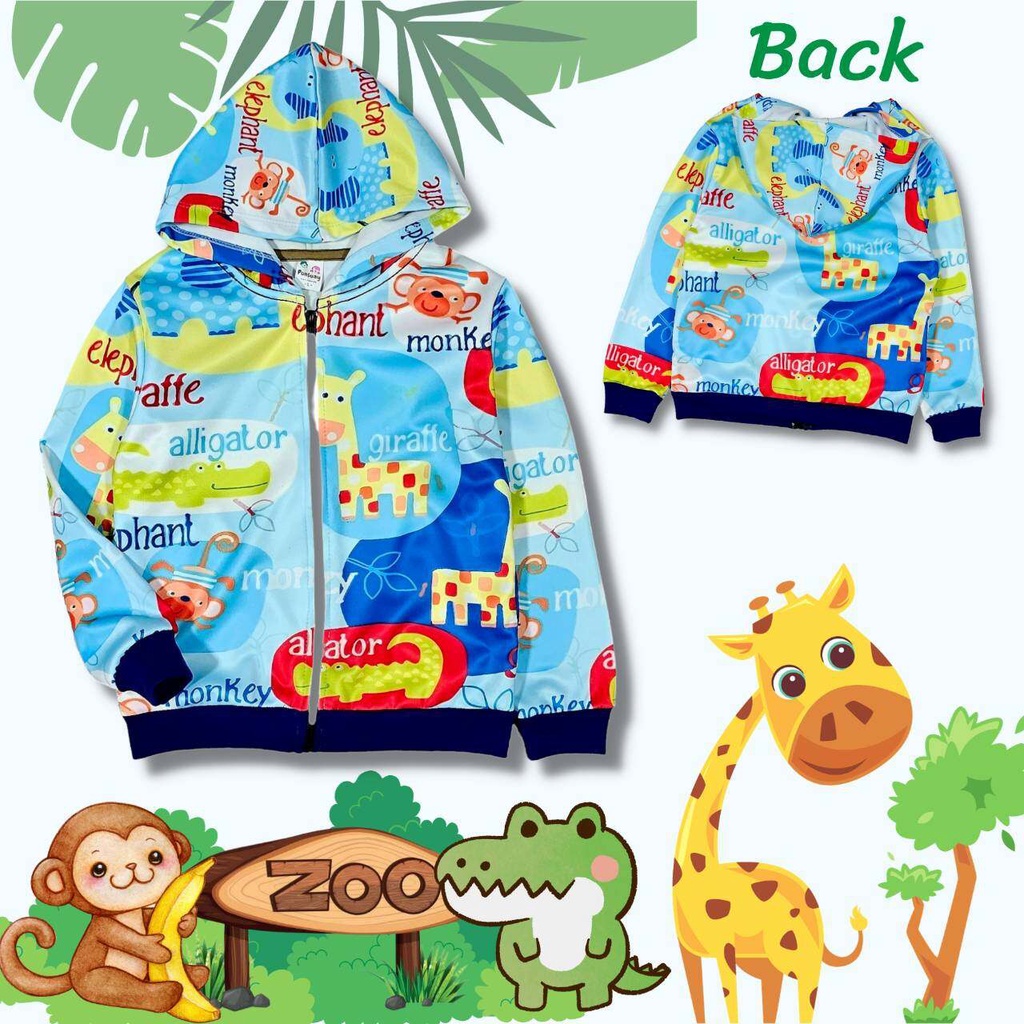 no.74 เสื้อกันหนาวเด็ก แบบมีฮู้ด แจ็คเก็ตผ้าสำลี พิมพ์ลายการ์ตูน สวนสัตว์ ZOO โทนสีฟ้า (มีกระเป๋า)