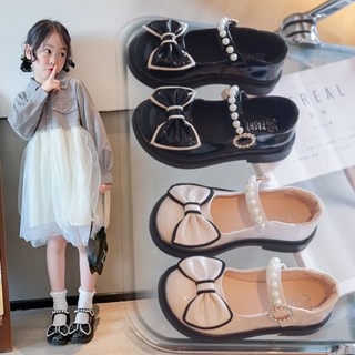 Girls black leather shoes 2023 Spring and Autumn New British style round head white leather shoes Princess performance Super soft baby shoes