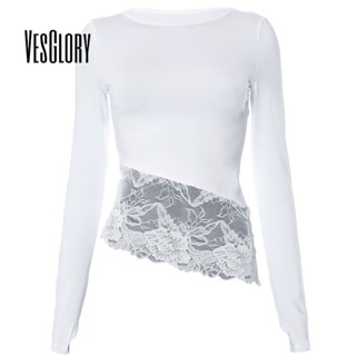 Vesglory เสื้อครอปท็อปแขนยาว คอสี่เหลี่ยม เข้ารูป แต่งลูกไม้ สีพื้น แฟชั่นสําหรับสตรี 2023