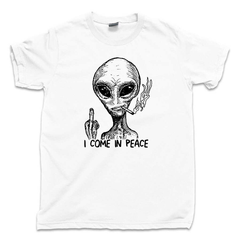 [HOT] ใหม่ เสื้อยืดลําลอง แขนสั้น พิมพ์ลาย Alien I Come In Peace Ufo Area 51 Roswell Spaceship คุณภาพสูง สําหรับผ