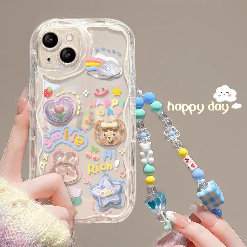 เกาหลี 3D หมีกระต่ายดอกไม้เคสโทรศัพท์สําหรับ Samsung Galaxy S21 S23 Plus Ultra S21 S23 FE S23FE S20FE การ์ตูนน่ารักสร้อยข้อมือดอกไม้มือ INS เคสโทรศัพท์พร้อมเชือกเส้นเล็ก