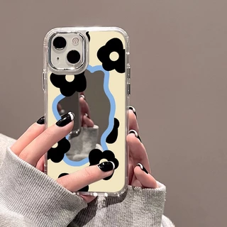 Case เคส for iPhone 11 13 15 16 14 12 17 Pro Max เคสไอโฟน11 16Pro ขอบดอกไม้สีขาวดำนม กรณีโทรศัพท์มือถือชุบกระจก