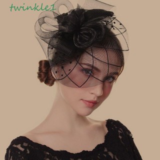 Twinkle1 ผ้าโพกศีรษะเจ้าสาว ปาร์ตี้ ย้อนยุค เครื่องประดับผม งานแต่งงาน สีพื้น ค็อกเทล ตาข่าย ขนนก