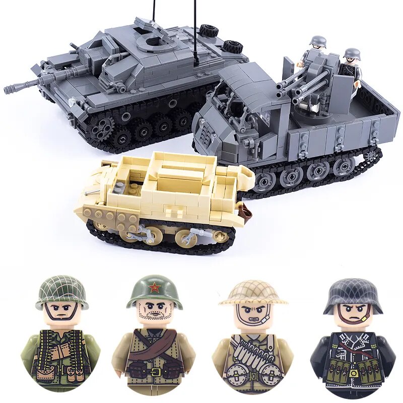 WW2 Military Military Fortress Ruins M26 M4A2 USA Soldier Building Blocks Weapon Gun Tank Truck Brit