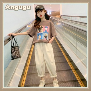 Angugu เสื้อยืดแขนสั้น พิมพ์ลายการ์ตูนน่ารัก และกางเกง แฟชั่นฤดูร้อน สไตล์เกาหลี สําหรับเด็กผู้หญิง 4-14 ปี 2023 2 ชิ้น