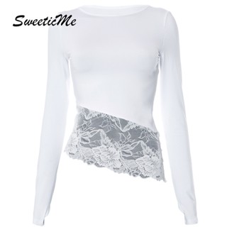 Sweeticme เสื้อยืดคอกลม แขนยาว แต่งลูกไม้ สีพื้น แฟชั่นใหม่ สําหรับผู้หญิง 2023