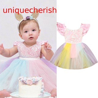 【Unique】ชุดรอมเปอร์ แขนกุด ปักเลื่อม ลูกไม้ สีรุ้ง สไตล์เจ้าหญิง สําหรับเด็กผู้หญิง