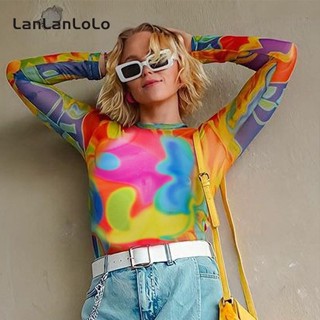 Lanlanlolo ชุดบอดี้สูท คอกลม แขนยาว ผ้าตาข่าย พิมพ์ลาย สีสันสดใส แฟชั่นสําหรับผู้หญิง 2023