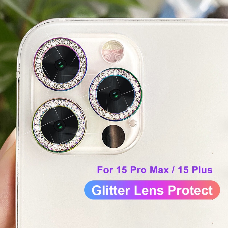Bling Glitter Diamonds ตัวป้องกันเลนส์โทรศัพท์ สําหรับ iPhone 15 Pro Max / 15 Plus แหวนโลหะกล้องกระจกนิรภัย