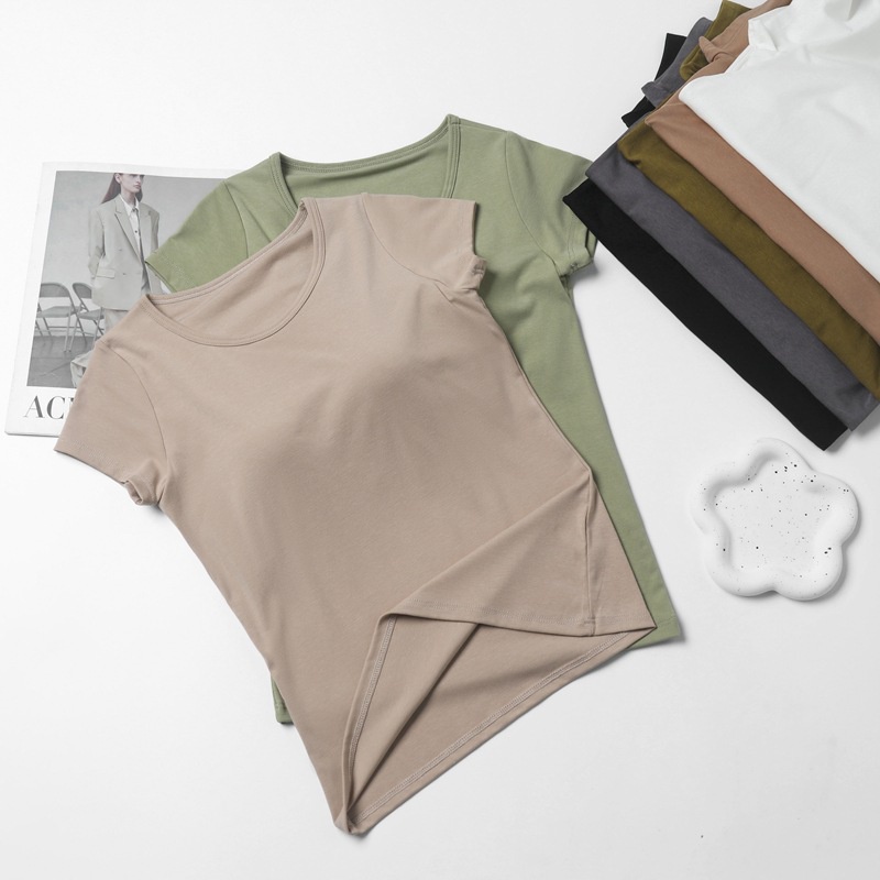W 2 in 1 เสื้อบราแขนสั้น คอกลม พร้อมแผ่นรองหน้าอก เข้ารูป สไตล์สปอร์ต สําหรับผู้หญิง
