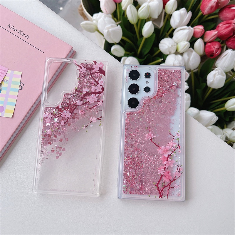 เคสโทรศัพท์มือถือ มีทรายไหล แต่งกลิตเตอร์ ลายดอกพีช สําหรับ Samsung S22 Ultra S23 S22 S21 S20 Plus S9 S8 S7 Edge S10 5G Note 20 10 9 8