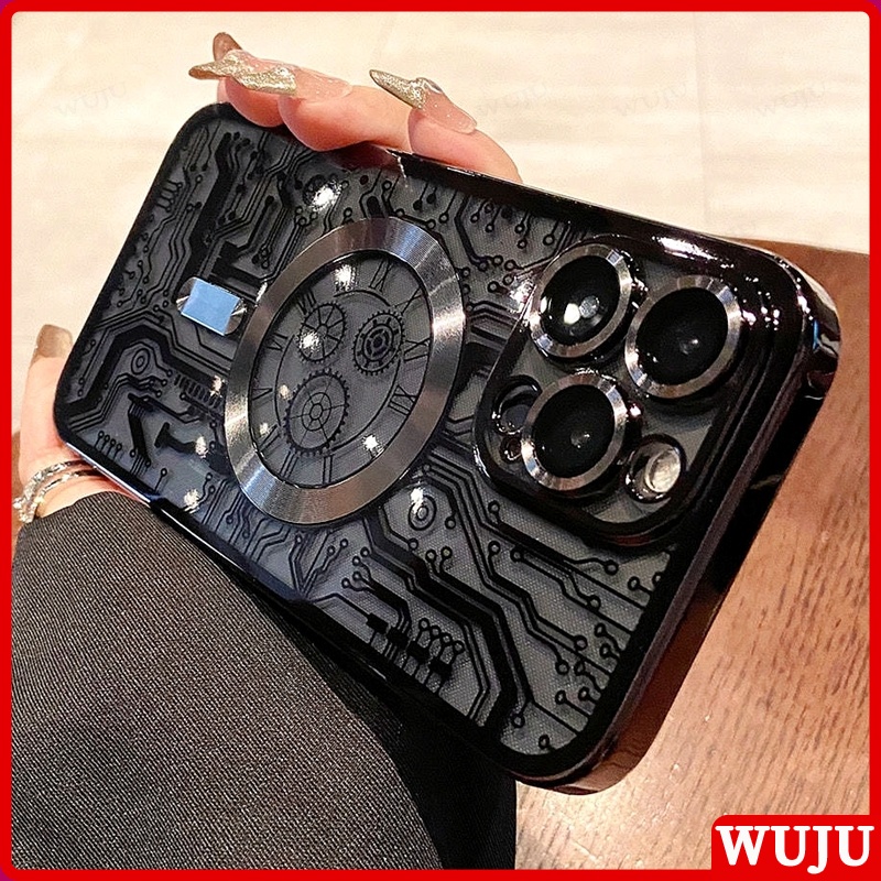 Wuju เคสโทรศัพท์มือถือแบบนิ่ม ใส กันกระแทก ผิววงจรแม่เหล็ก ชาร์จไร้สาย หรูหรา สําหรับ iPhone 15 14 13 12 11 Pro Max