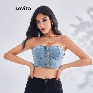 Lovito เสื้อยีน คอกลม ติดกระดุมด้านหน้า เซ็กซี่ สําหรับผู้หญิง LBE03158 (สีฟ้า)