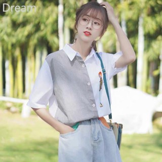 Womens striped short-sleeved shirt Korean style loose asymmetric half-sleeved shirt