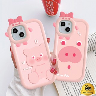 เคสโทรศัพท์คู่สำหรับไอโฟน 11 12 13 14 15 Pro Max XR 7 6 8 Plus X XS MAX หมีหมูสีชมพู ธนูใหม่เลนส์สร้างสรรค์เคสมือถือ