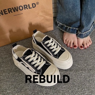 REBUILD รองเท้าผ้าใบผู้หญิง สีขาว พื้นหนา รองเท้าผ้าใบส้นสูงส้นหนา รองเท้าแฟชั่น ผูกเชือก 2023 NEW FYD23904V3 36Z230906