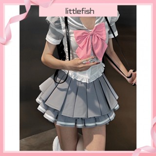 [Littlefish] เสื้อเชิ้ตแขนพัฟ และกระโปรงพลีท เอวสูง ประดับโบว์ ขนาดใหญ่ หรูหรา แฟชั่นฤดูใบไม้ร่วง สไตล์อเมริกันเรโทร สําหรับเด็กผู้หญิง