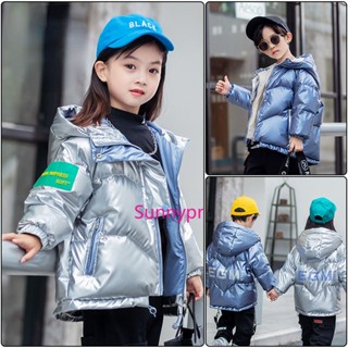 เสื้อโค้ทลําลอง ตัวสั้น แบบหนา สีขาวมันวาว แฟชั่นฤดูใบไม้ร่วง และฤดูหนาว สําหรับเด็กผู้หญิง