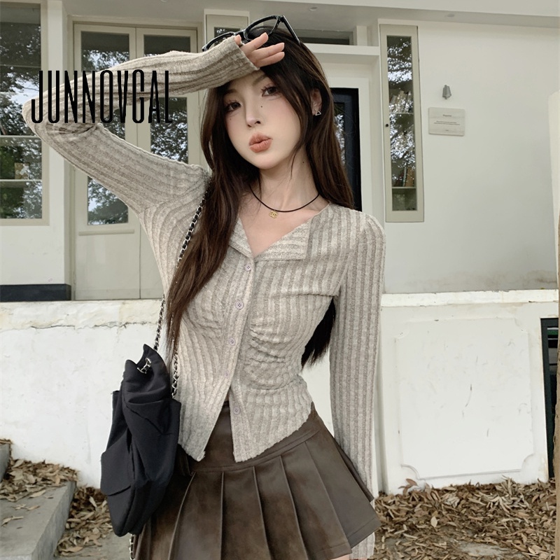 Junnovgal เสื้อคาร์ดิแกนลําลอง แขนยาว คอปก ติดกระดุม สีพื้น เข้ากับทุกการแต่งกาย สไตล์ใหม่ สําหรับผู้หญิง 2023