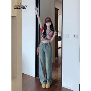 SOERVIMY  กางเกงขายาว กางเกงยีสน์ผู้หญิง ทรงหลวม ๆ ตรง Retro Hip Hop Pants 2023 NEW Style  ทันสมัย High quality ทันสมัย fashion WNK239060M 36Z230909