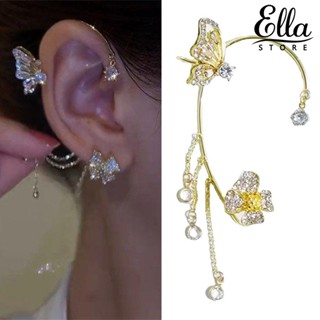 Ellastore123 ต่างหูโซ่ จี้รูปผีเสื้อ ประดับพลอยเทียม แวววาว หรูหรา 1 ชิ้น