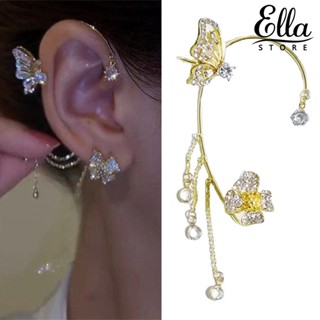 Ellastore123 ต่างหูโซ่ จี้รูปผีเสื้อ ประดับพลอยเทียม แวววาว หรูหรา 1 ชิ้น